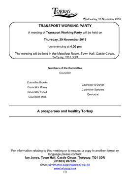 (Public Pack)Agenda Document for Transport Working Party, 29/11/2018 16:00