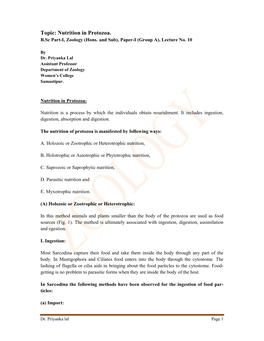 Topic: Nutrition in Protozoa. B.Sc Part-I, Zoology (Hons