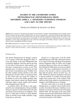 Studies in the Liverwort Family Metzgeriaceae (Metzgeriales) from Southern Africa. 1. Metzgeria Nudifrons Stephani and a Key to the Species