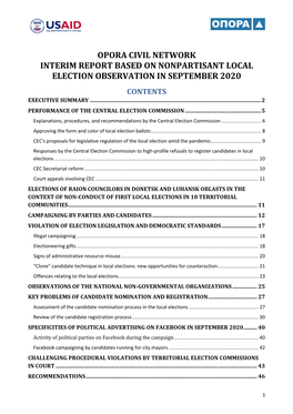 Opora Civil Network Interim Report Based on Nonpartisanт Local Election Observation in September 2020 Contents Executive Summary