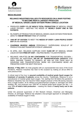 Reliance Industries Rallies Its Resources on a War Footing to Become India’S Largest Producer of Medical Grade Liquid Oxygen from a Single Location