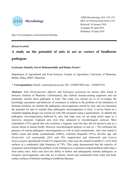 A Study on the Potential of Ants to Act As Vectors of Foodborne Pathogens