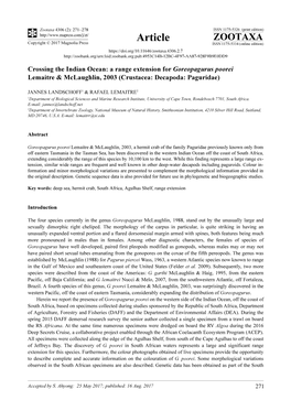 Crossing the Indian Ocean: a Range Extension for Goreopagurus Poorei Lemaitre & Mclaughlin, 2003 (Crustacea: Decapoda: Pagur