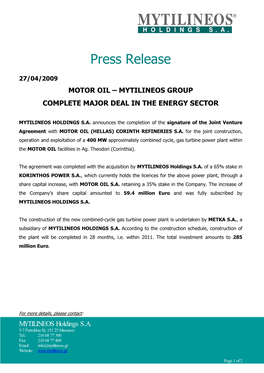 Motor Oil – Mytilineos Group Complete Major Deal in the Energy Sector