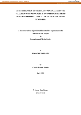 An Investigation of the Role of News Values in the Selection of News Sources in a Contemporary Third World Newspaper: a Case Study of the Daily Nation Newspaper