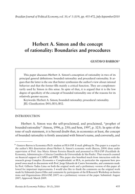 Herbert A. Simon and the Concept of Rationality: Boundaries and Procedures