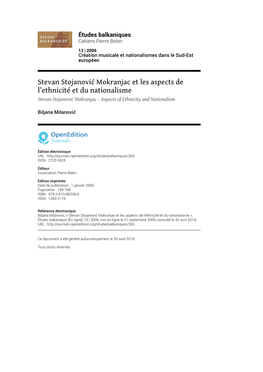 Études Balkaniques, 13 | 2006 Stevan Stojanović Mokranjac Et Les Aspects De L’Ethnicité Et Du Nationalisme 2