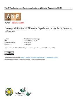 Ecological Studies of Odonata Population in Northern Sumatra, Indonesia