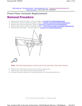 Front Floor Console Replacement Removal Procedure