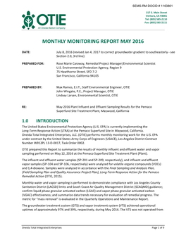 May 2016 Monthly Monitoring Rpt, W/Attchs