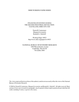 Financing Invention During the Second Industrial Revolution: Cleveland, Ohio 1870-1920