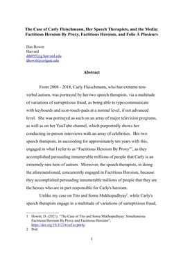 The Case of Carly Fleischmann, Her Speech Therapists, and the Media: Factitious Heroism by Proxy, Factitious Heroism, and Folie À Plusieurs