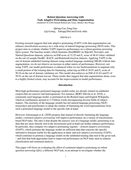 Robust Question Answering with Task Adaptive Pretraining and Data Augmentation Qitong Cao, Fang