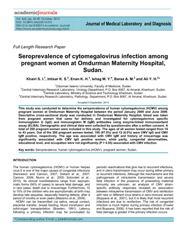 Seroprevalence of Cytomegalovirus Infection Among Pregnant Women at Omdurman Maternity Hospital, Sudan