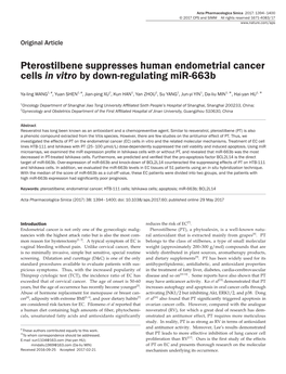 Pterostilbene Suppresses Human Endometrial Cancer Cells in Vitro by Down-Regulating Mir-663B