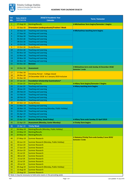 2018/19 Academic Year Calendar Term / Semester