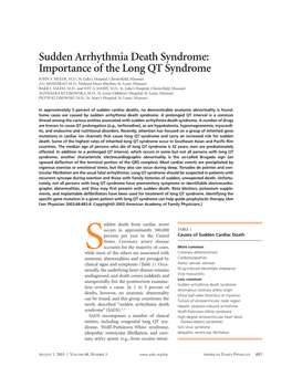 Sudden Arrhythmia Death Syndrome: Importance of the Long QT Syndrome JOHN S
