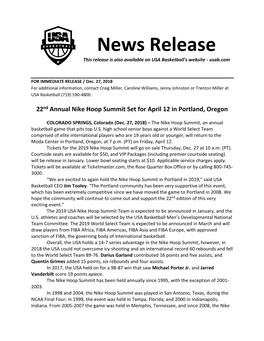 News Release This Release Is Also Available on USA Basketball's Website - Usab.Com
