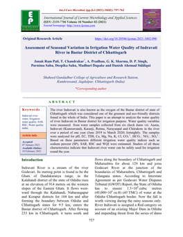 Assessment of Seasonal Variation in Irrigation Water Quality of Indravati River in Bastar District of Chhattisgarh