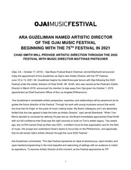 Ara Guzelimian Named Artistic Director of the Ojai Music Festival Beginning with the 75Th Festival in 2021