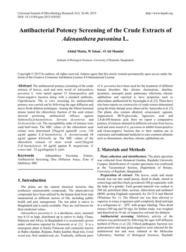 Antibacterial Potency Screening of the Crude Extracts of Adenanthera Pavonina L