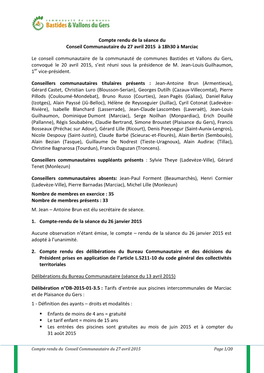 Compte Rendu De La Séance Du Conseil Communautaire Du 27 Avril 2015 À 18H30 À Marciac