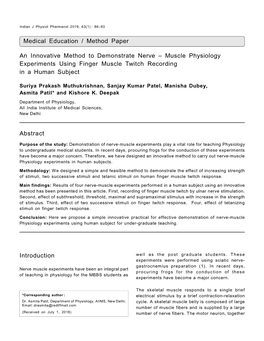 Muscle Physiology Experiments Using Finger Muscle Twitch Recording in a Human Subject