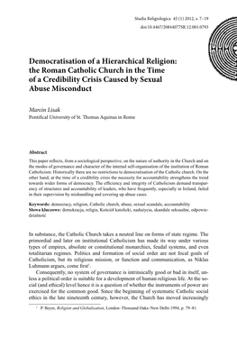 Democratisation of a Hierarchical Religion: the Roman Catholic Church in the Time of a Credibility Crisis Caused by Sexual Abuse Misconduct