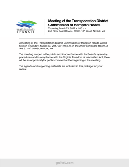 Meeting of the Transportation District Commission of Hampton Roads Thursday, March 23, 2017 • 1:00 P.M