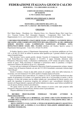 Federazione Italiana Giuoco Calcio 00198 Roma – Via Gregorio Allegri, 14