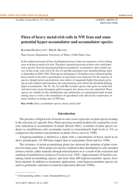 Flora of Heavy Metal-Rich Soils in NW Iran and Some Potential Hyper-Accumulator and Accumulator Species