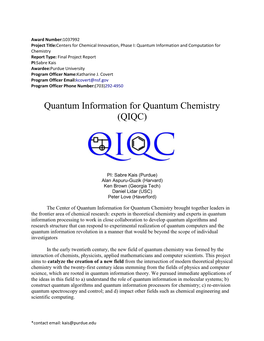 Quantum Information for Quantum Chemistry (QIQC)