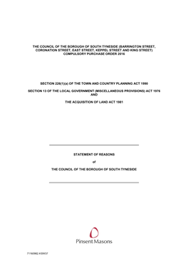 The Council of the Borough of South Tyneside (Barrington Street, Coronation Street, East Street, Keppel Street and King Street) Compulsory Purchase Order 2016