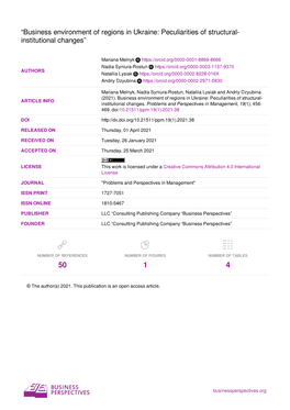 “Business Environment of Regions in Ukraine: Peculiarities of Structural- Institutional Changes”