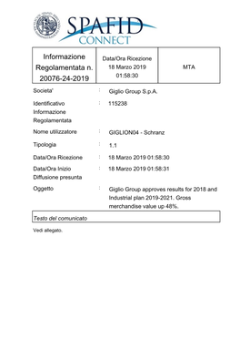 Informazione Regolamentata N. 20076-24-2019