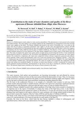 Contribution to the Study of Water Chemistry and Quality of Ziz River Upstream of Hassan Addakhil Dam «High Atlas-Morocco»