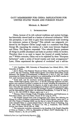 Gatt Membership for China: Implications for United States Trade and Foreign Policy