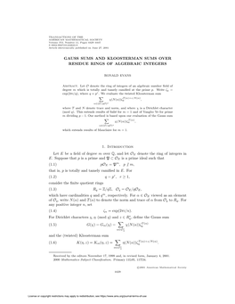 GAUSS SUMS and KLOOSTERMAN SUMS OVER RESIDUE RINGS of ALGEBRAIC INTEGERS 1. Introduction Let E Be a Field of Degree M Over Q, An