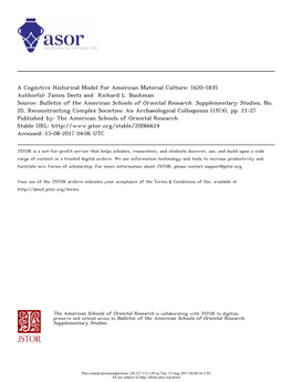 A Cognitive Historical Model for American Material Culture: 1620-1835 Author(S): James Deetz and Richard L