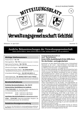 Amtliche Bekanntmachungen Der Verwaltungsgemeinschaft Telefon 09163/9990-0, Telefax 09163/9990-33, E-Mail: Info@Vg-Uehlfeld.De