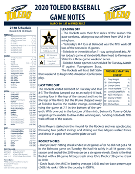 2020 Toledo Baseball Game Notes