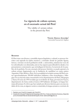 La Vigencia De Cultura Aymara En El Escenario Actual Del Perú1 the Validity of Aymara Culture in the Present-Day Perú