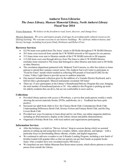 Amherst Town Libraries the Jones Library, Munson Memorial Library, North Amherst Library Fiscal Year 2014