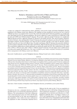 Relative Abundance and Growth of Male and Female Nemipterus Furcosus Population (Kelimpahan Relatif Dan Tumbesaran Jantan Dan Betina Populasi Nemipterus Furcosus)