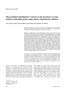 Contrasts in the Prevalence of Avian Malaria in Shorebird Species Using Marine and Freshwater Habitats