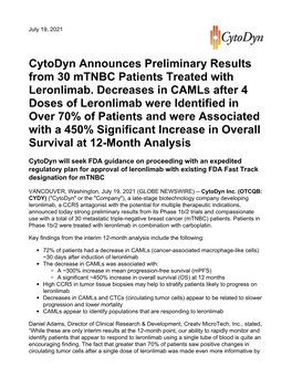 Cytodyn Announces Preliminary Results from 30 Mtnbc Patients Treated with Leronlimab