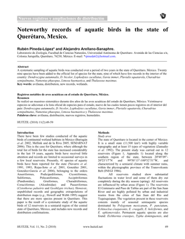 Noteworthy Records of Aquatic Birds in the State of Querétaro, Mexico