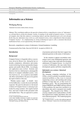 Informatics As a Science 1 Viewpoint