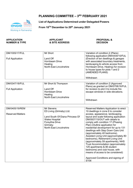 Planning Committee – 3Rd February 2021