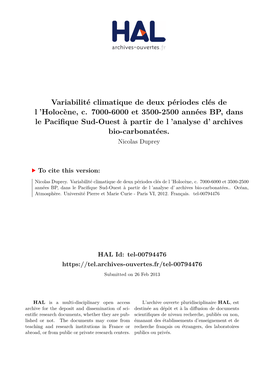 Variabilité Climatique De Deux Périodes Clés De L 'Holocène, C